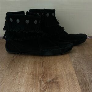 Minnetonka Black Suede Fringe Moccasins